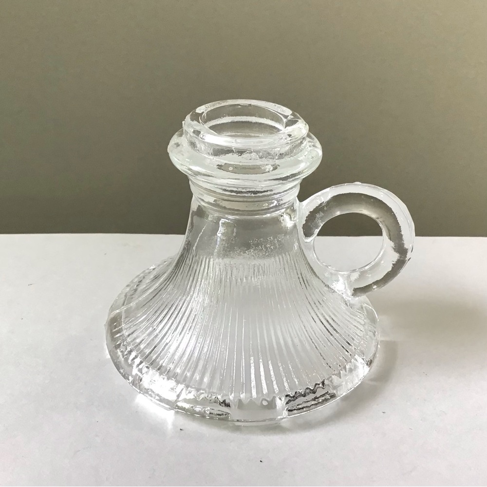 Vintage Candlestick Holder Finger Loop Handle Clear Glass Ribbed Design